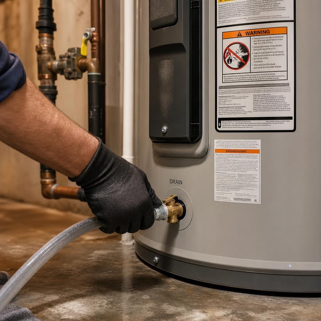 Plumber flushing sediment from a residential water heater in Spartanburg, SC